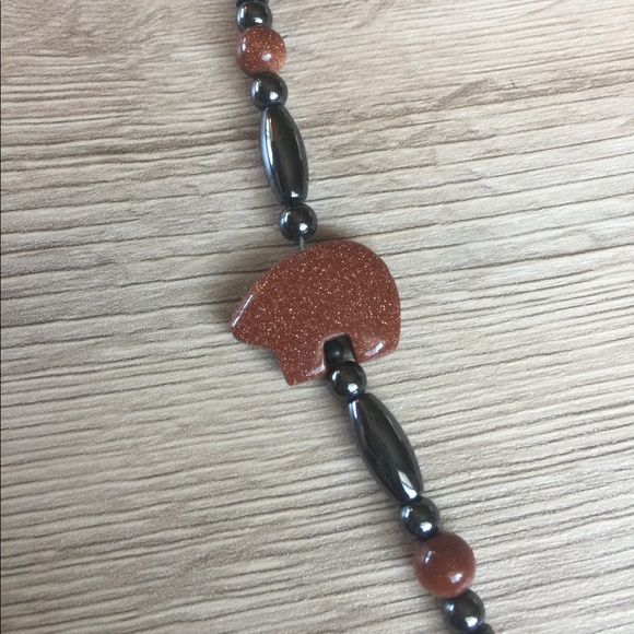 Goldstone Bear and Hematite Bead Bracelet - Picture 1 of 3